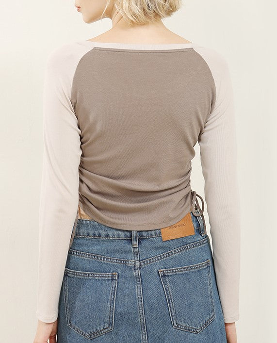 Drawstring Ruched Side Colorblock Knit Top - Khaki - 7