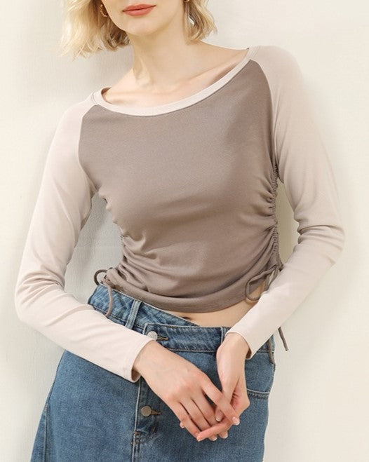 Drawstring Ruched Side Colorblock Knit Top