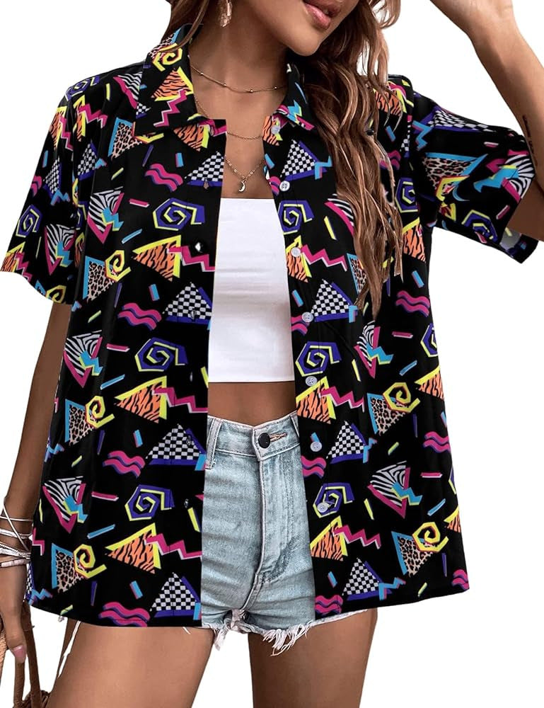 Tropical Print Short Sleeve Camp Shirt - Black