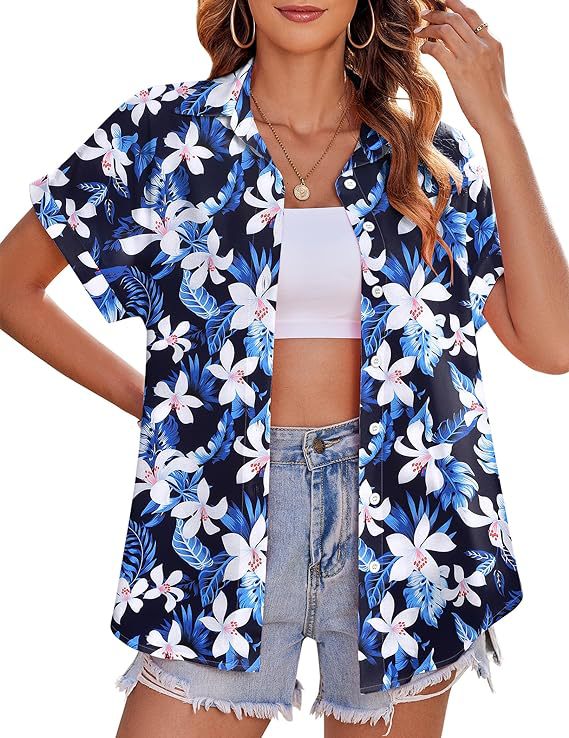 Tropical Print Short Sleeve Camp Shirt - Blue