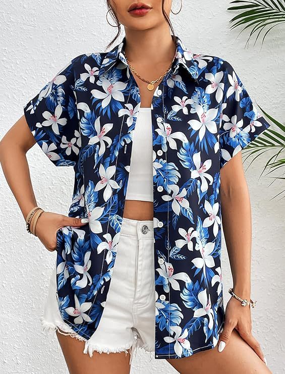 Tropical Print Short Sleeve Camp Shirt - Blue - 1