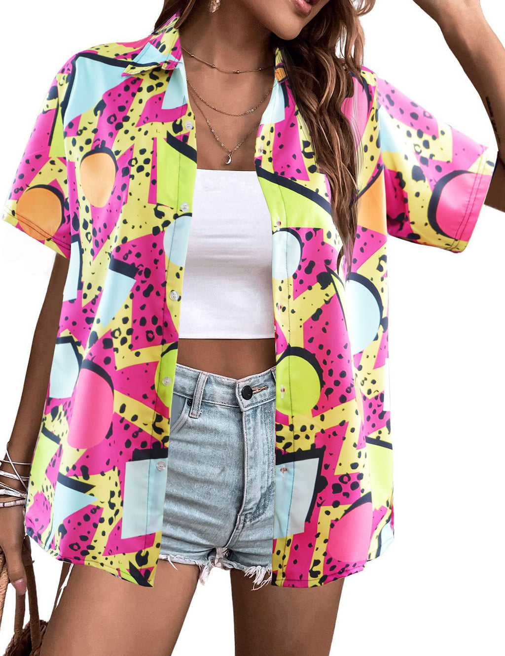 Tropical Print Short Sleeve Camp Shirt - GPink