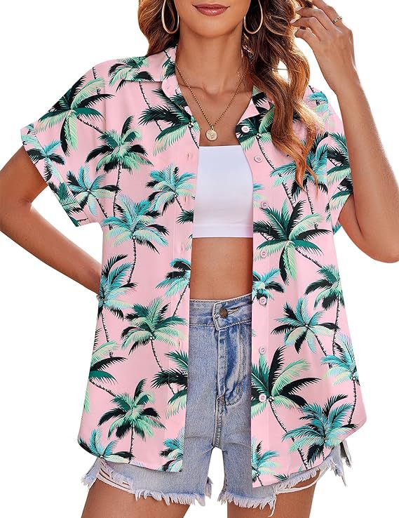 Tropical Print Short Sleeve Camp Shirt - Pink