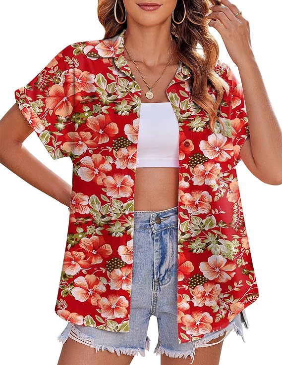 Tropical Print Short Sleeve Camp Shirt - Red