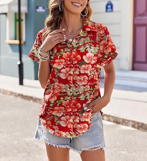 Tropical Print Short Sleeve Camp Shirt - Red - 2