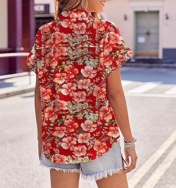 Tropical Print Short Sleeve Camp Shirt - Red - 3