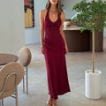 Lace Bodice Satin Halter Twist Front Maxi Dress - Burgundy