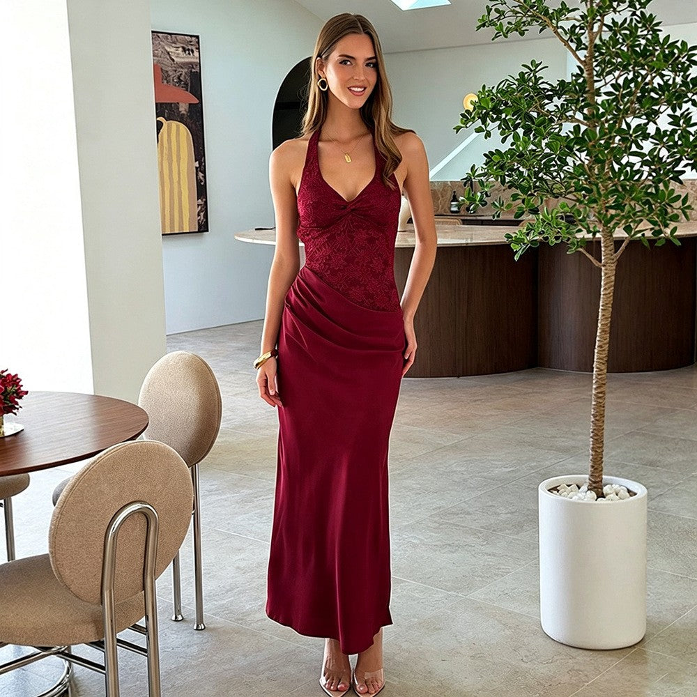 Lace Bodice Satin Halter Twist Front Maxi Dress
