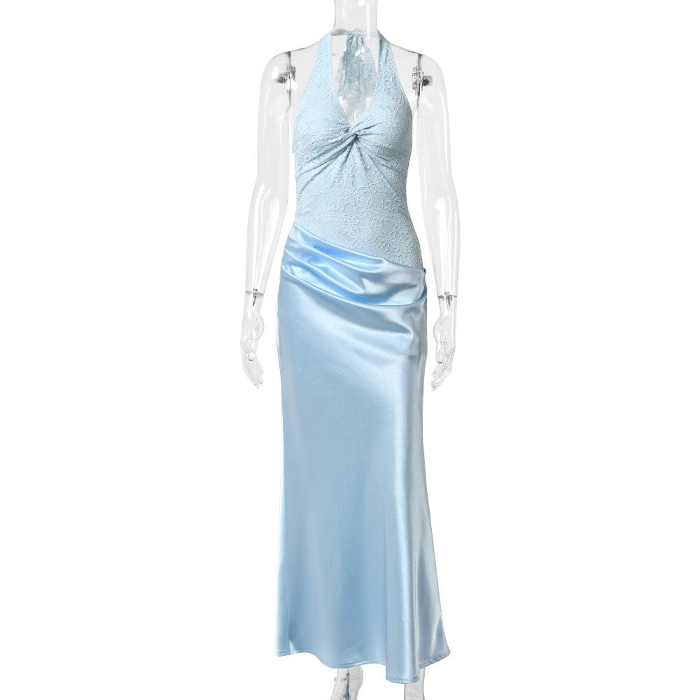 Lace Bodice Satin Halter Twist Front Maxi Dress