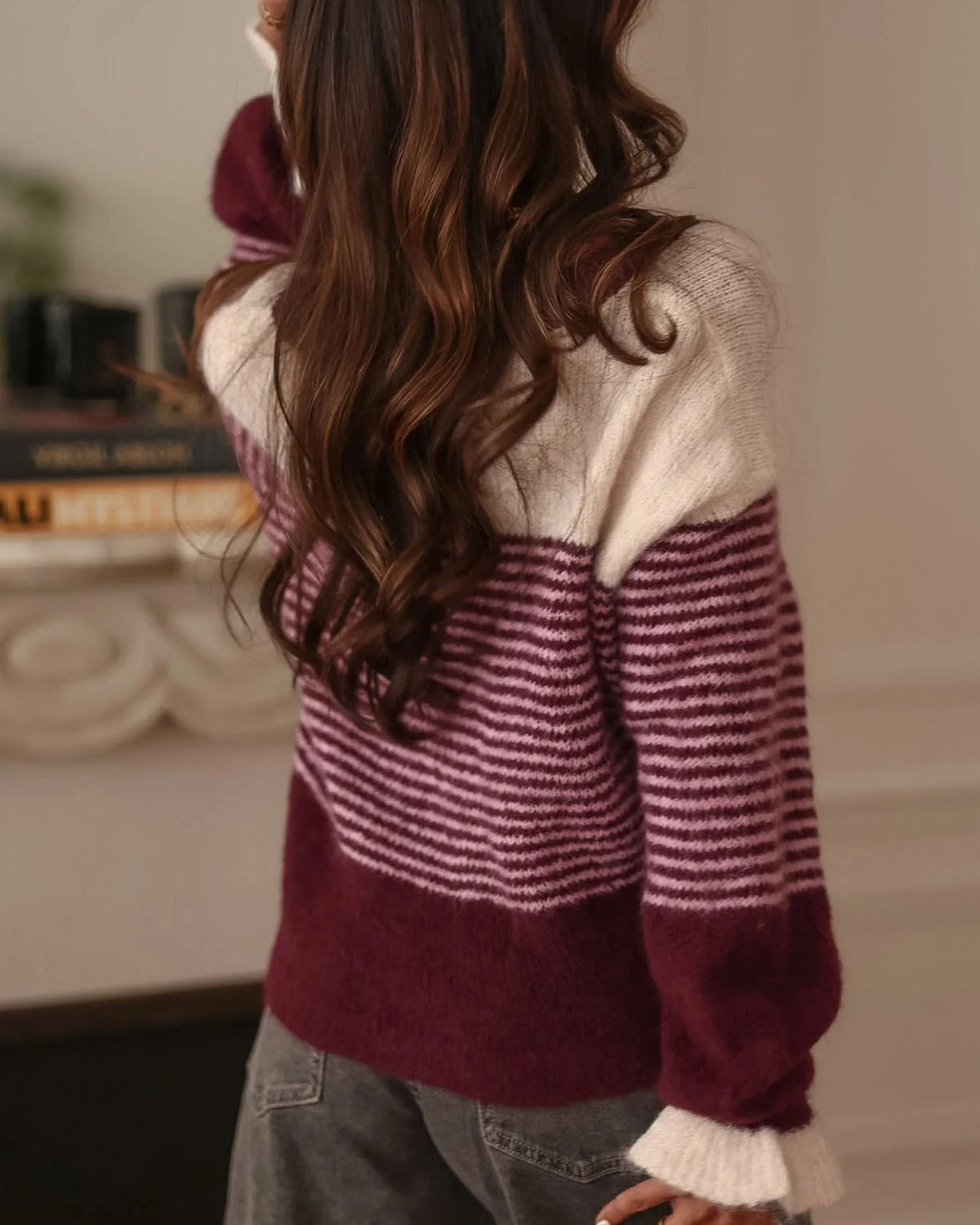 Fuzzy Striped V-Neck Cardigan With Ruffle Cuffs - Red - 3
