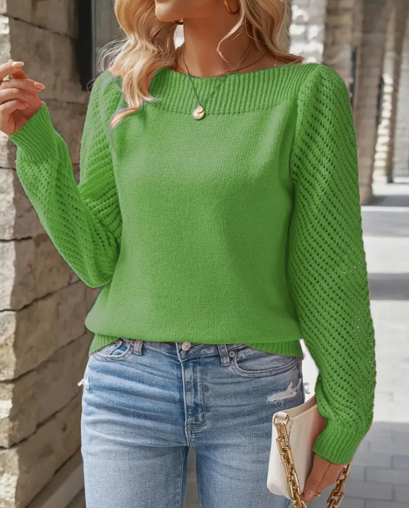 Textured Sleeve Boat Neck Knit Sweater - Green