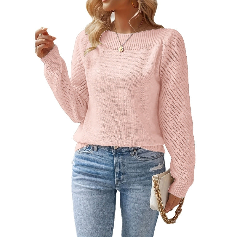 Textured Sleeve Boat Neck Knit Sweater - LightPink
