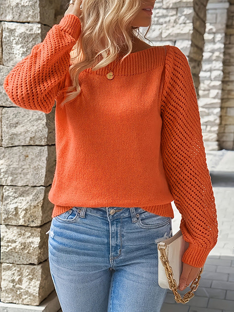 Textured Sleeve Boat Neck Knit Sweater - Orange