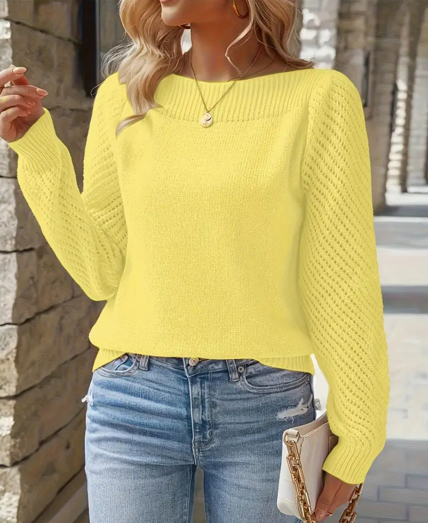Textured Sleeve Boat Neck Knit Sweater - Yellow
