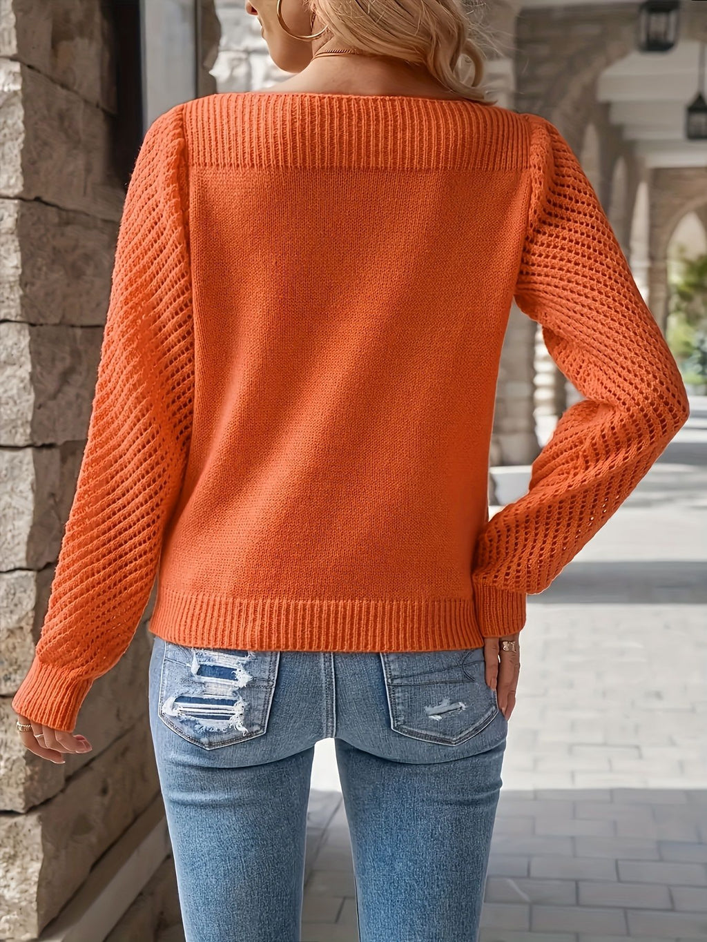 Textured Sleeve Boat Neck Knit Sweater - view 1