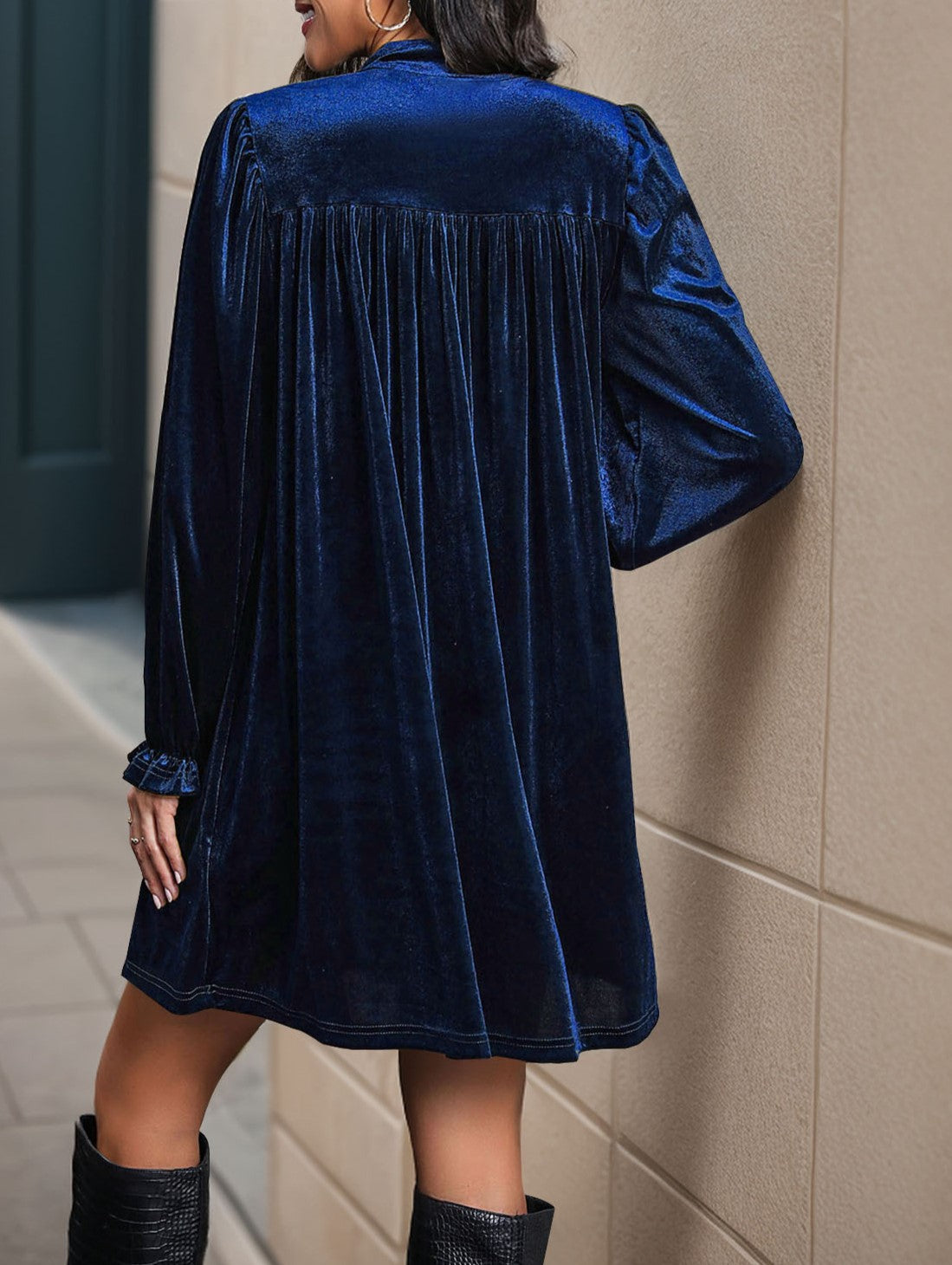 Velvet Surplice Empire Waist Mini Dress - Darkblue - 1
