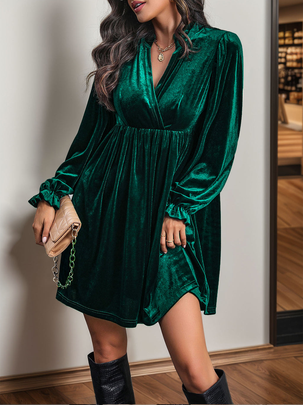 Velvet Surplice Empire Waist Mini Dress - Green
