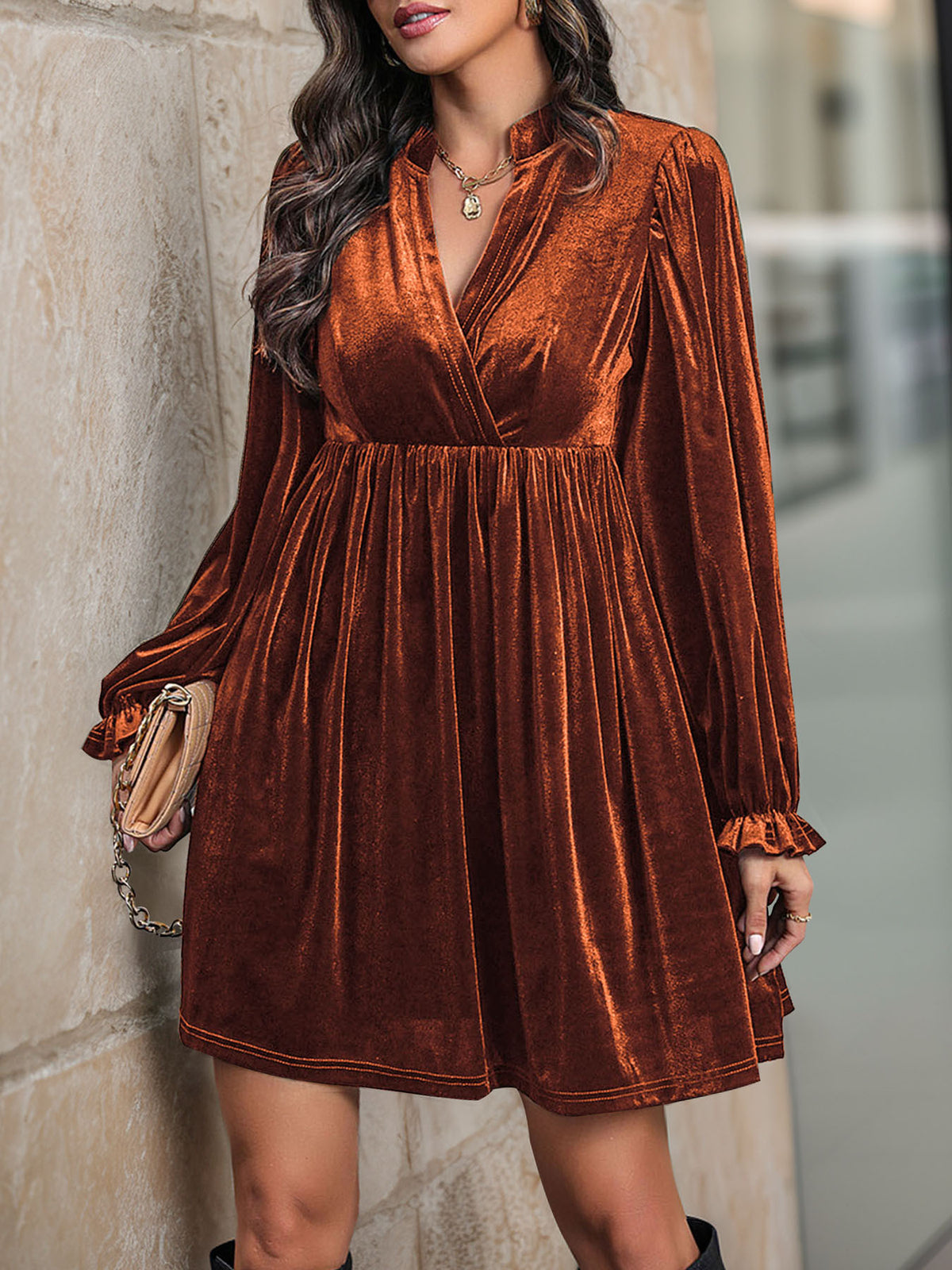 Velvet Surplice Empire Waist Mini Dress - Orange
