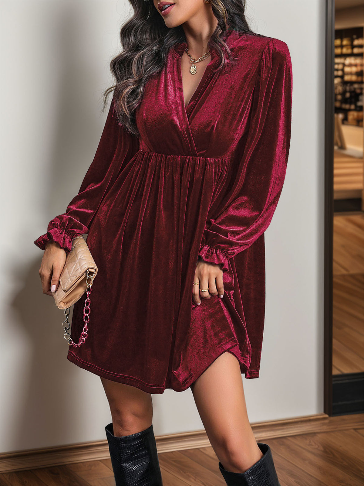 Velvet Surplice Empire Waist Mini Dress - Winered
