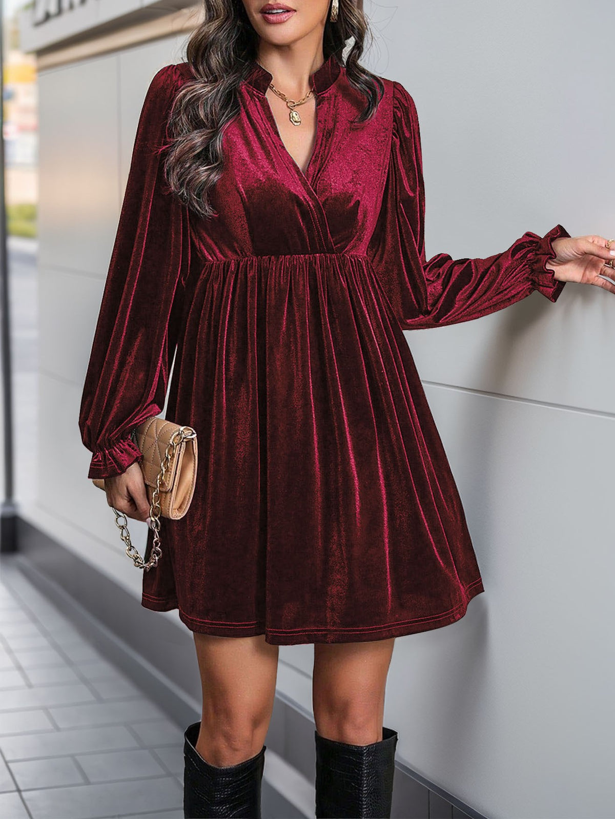 Velvet Surplice Empire Waist Mini Dress