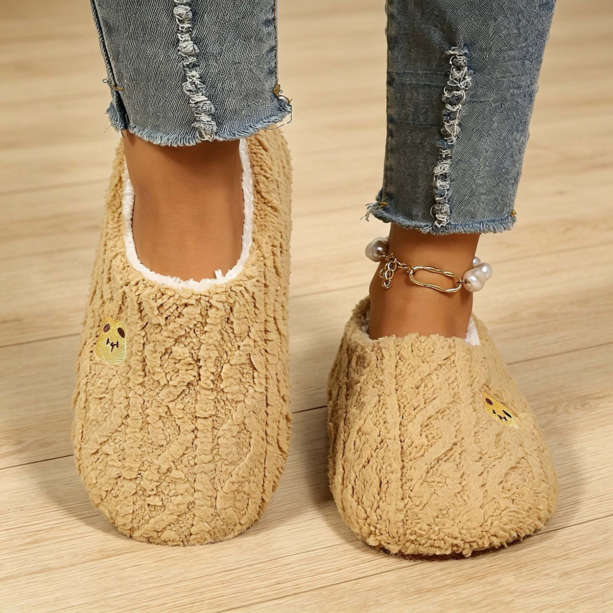 Cable Knit Sherpa Lined House Slippers - Khaki