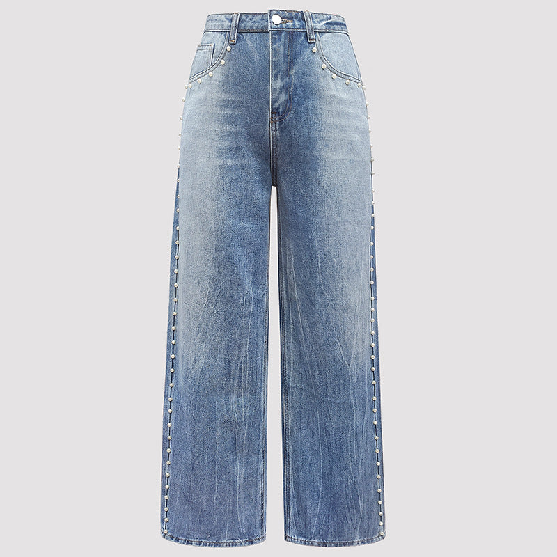 Faux Pearl Beaded Wide Leg Denim Jeans - Blue - 1