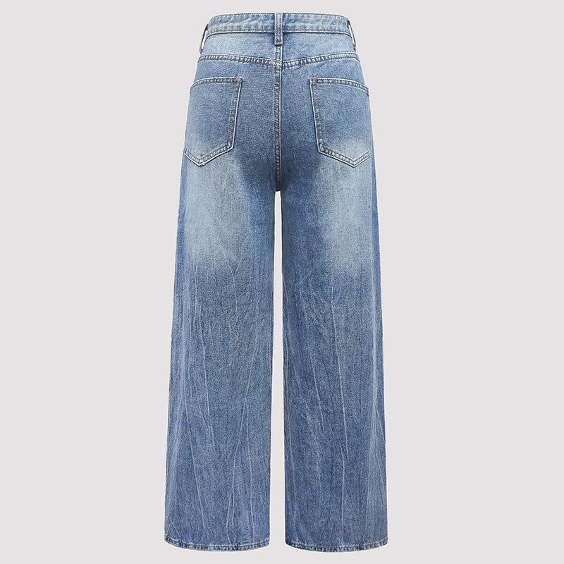 Faux Pearl Beaded Wide Leg Denim Jeans - Blue - 2