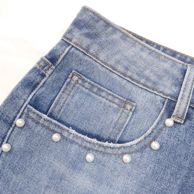 Faux Pearl Beaded Wide Leg Denim Jeans - Blue - 3