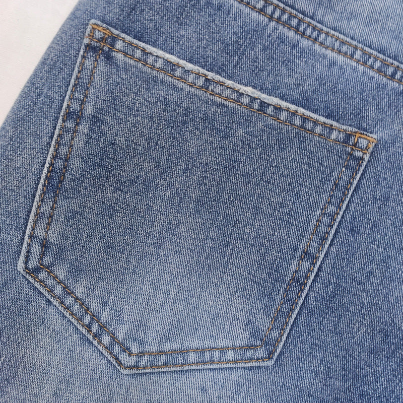Faux Pearl Beaded Wide Leg Denim Jeans - Blue - 5