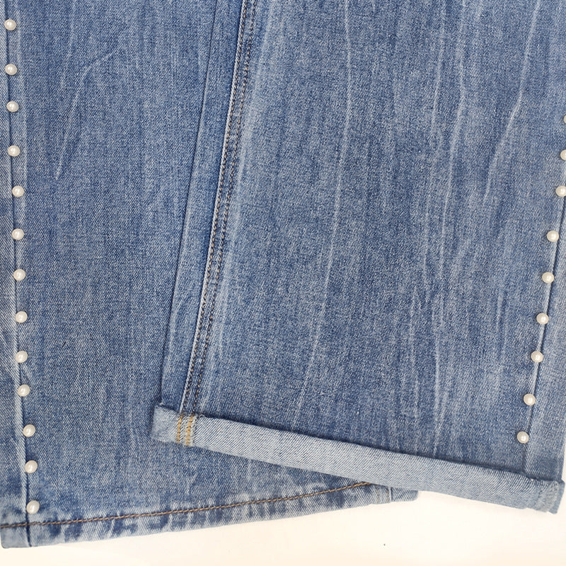 Faux Pearl Beaded Wide Leg Denim Jeans - Blue - 6