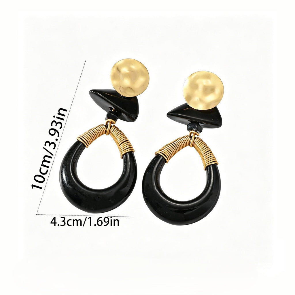 Hammered Disc Resin Teardrop Hoop Statement Earrings - Black - 2