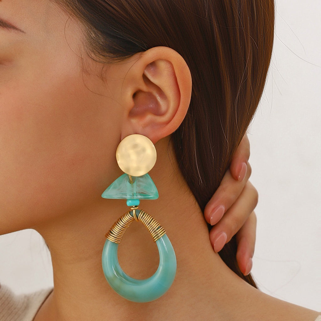 Hammered Disc Resin Teardrop Hoop Statement Earrings - Blue