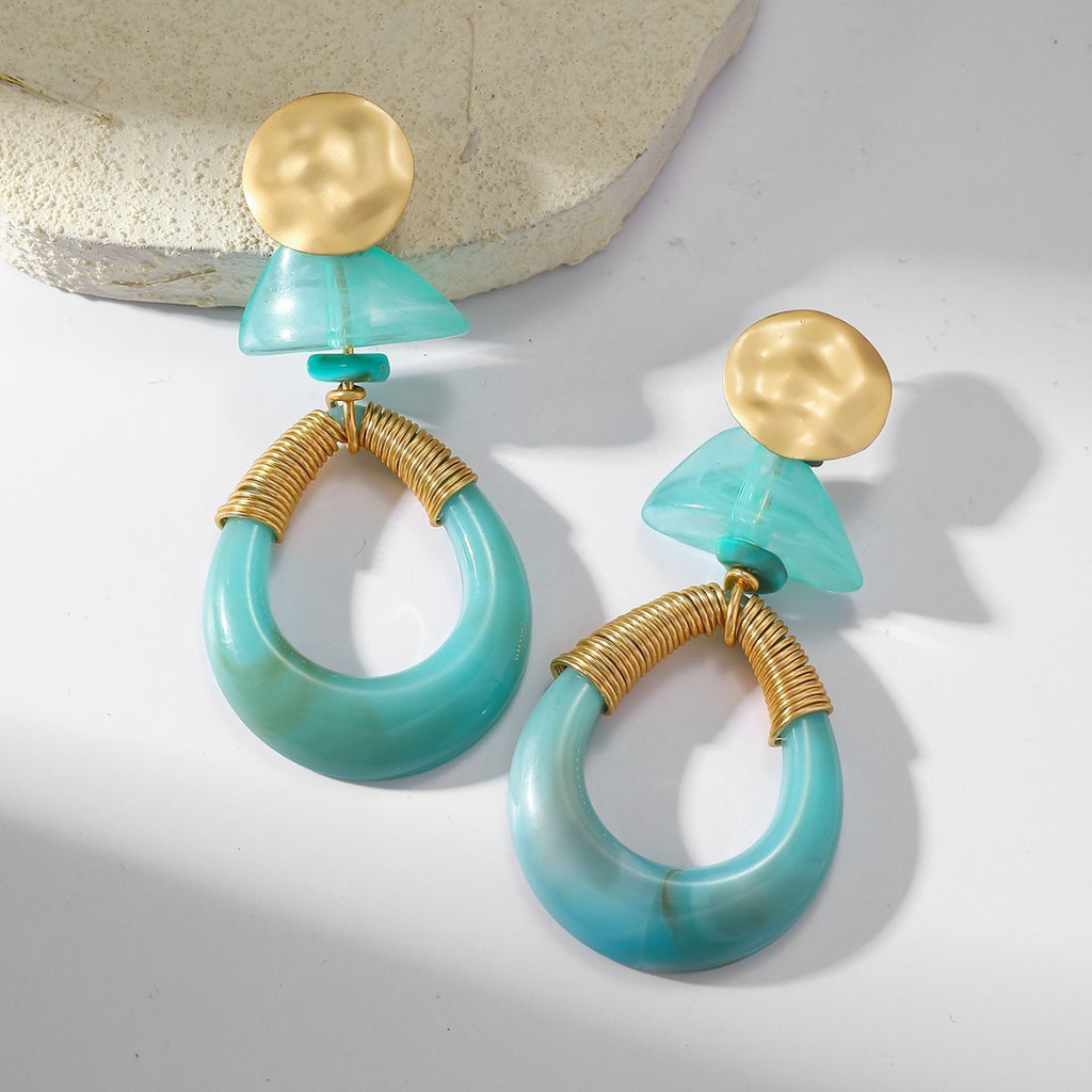 Hammered Disc Resin Teardrop Hoop Statement Earrings - Blue - 1