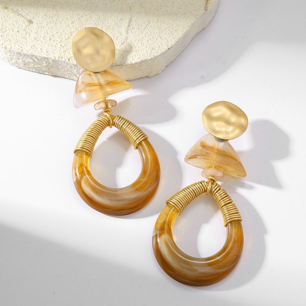 Hammered Disc Resin Teardrop Hoop Statement Earrings - Coffee