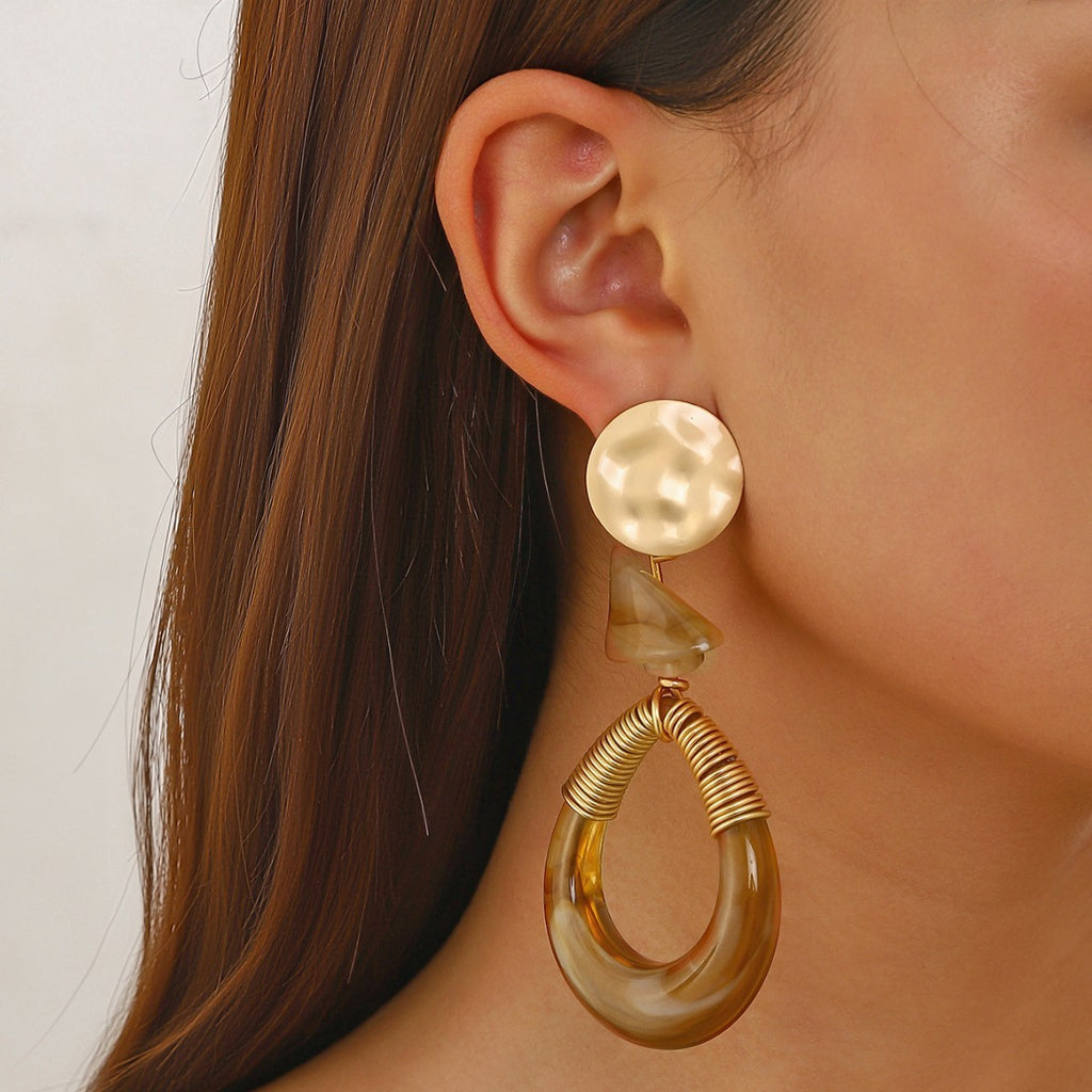 Hammered Disc Resin Teardrop Hoop Statement Earrings - Coffee - 1