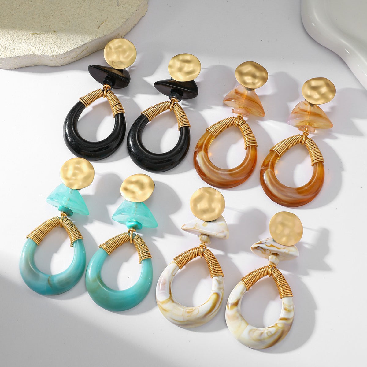 Hammered Disc Resin Teardrop Hoop Statement Earrings