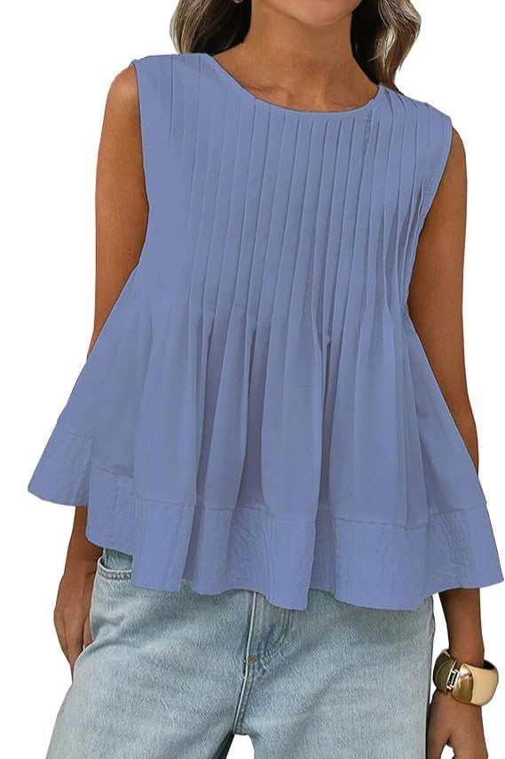 Pintuck Pleated Sleeveless Peplum Ruffle Blouse - Lavender
