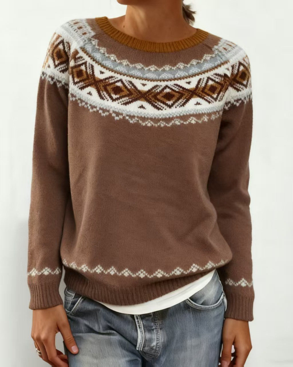 Nordic Geometric Yoke Knit Sweater - C10