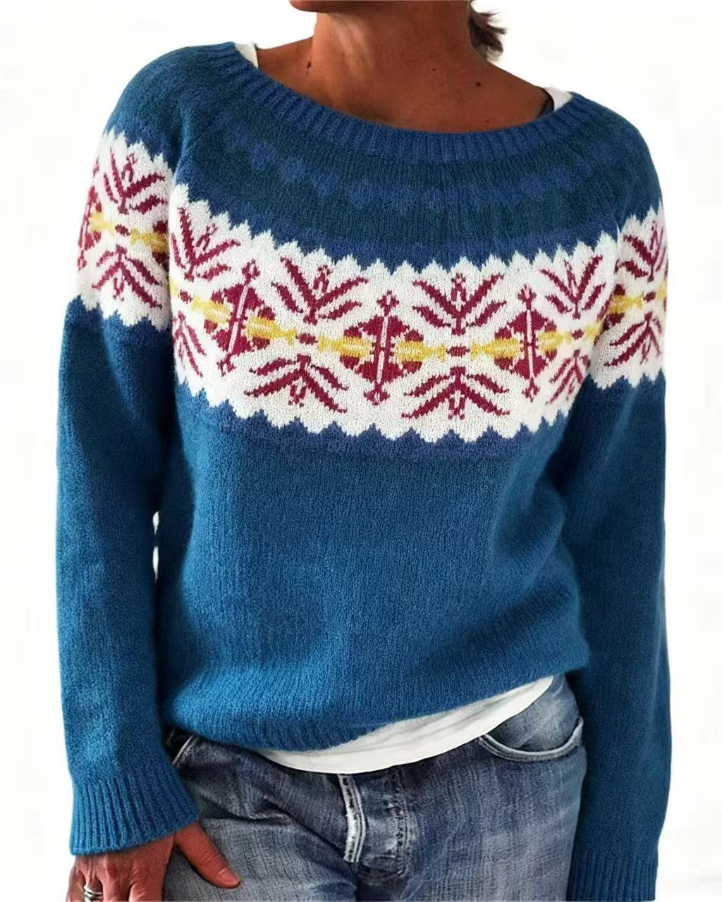 Nordic Geometric Yoke Knit Sweater - C11