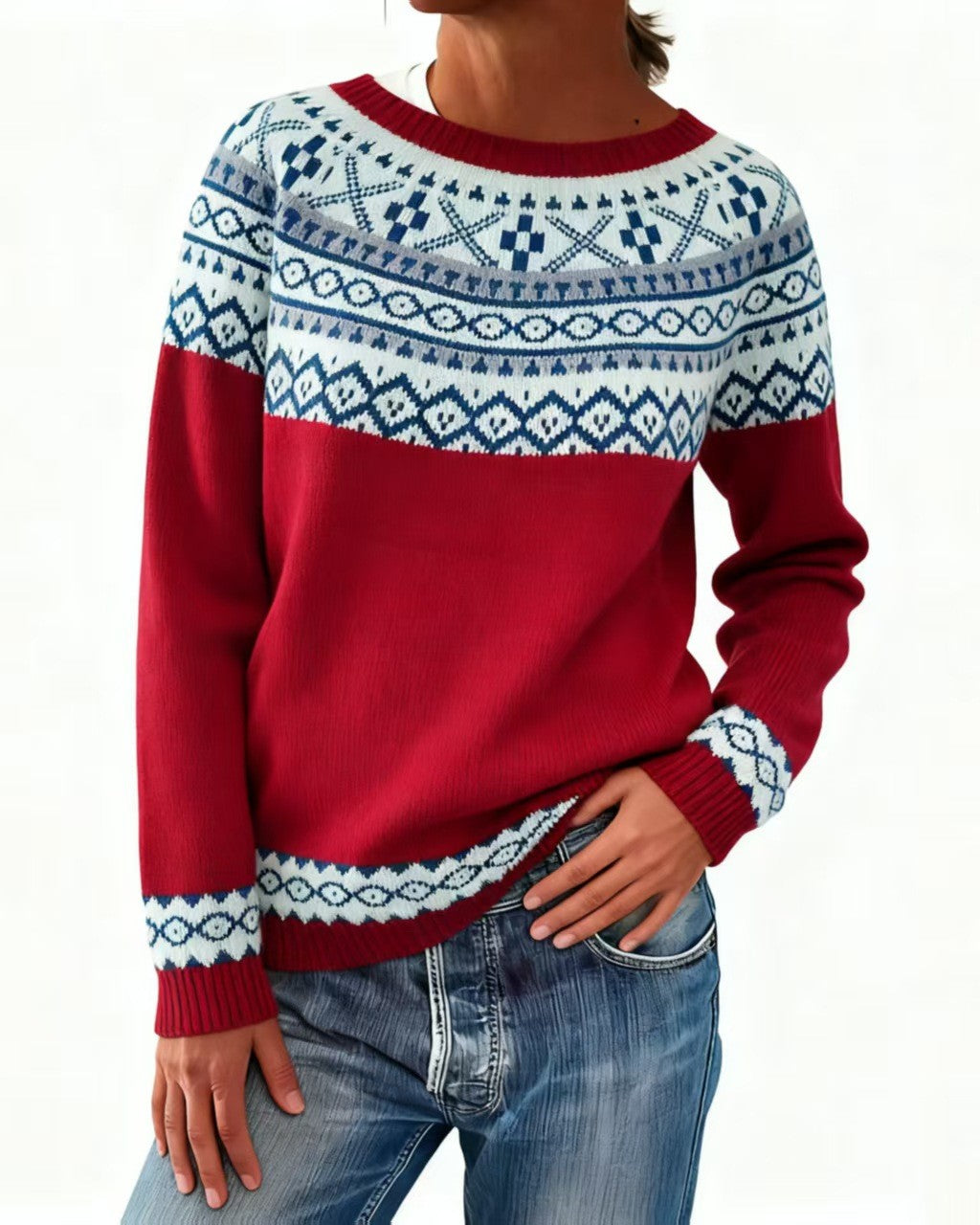 Nordic Geometric Yoke Knit Sweater - C12