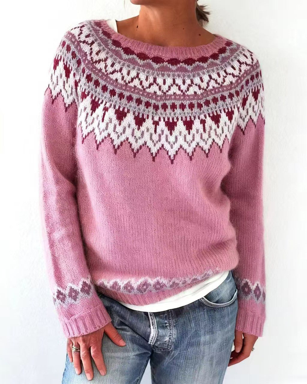 Nordic Geometric Yoke Knit Sweater - C13