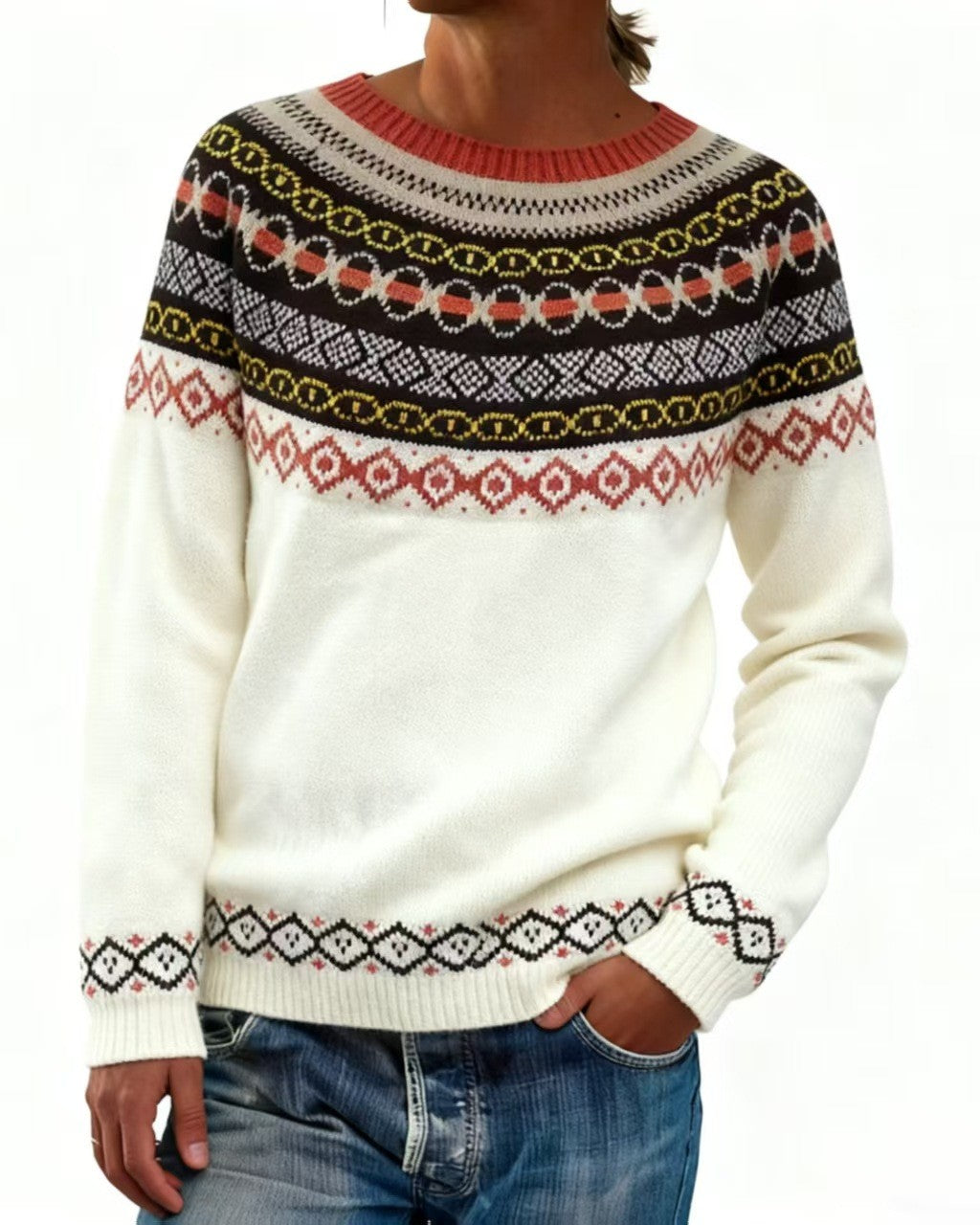 Nordic Geometric Yoke Knit Sweater - C14