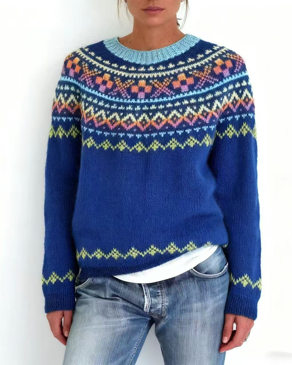 Nordic Geometric Yoke Knit Sweater - C15