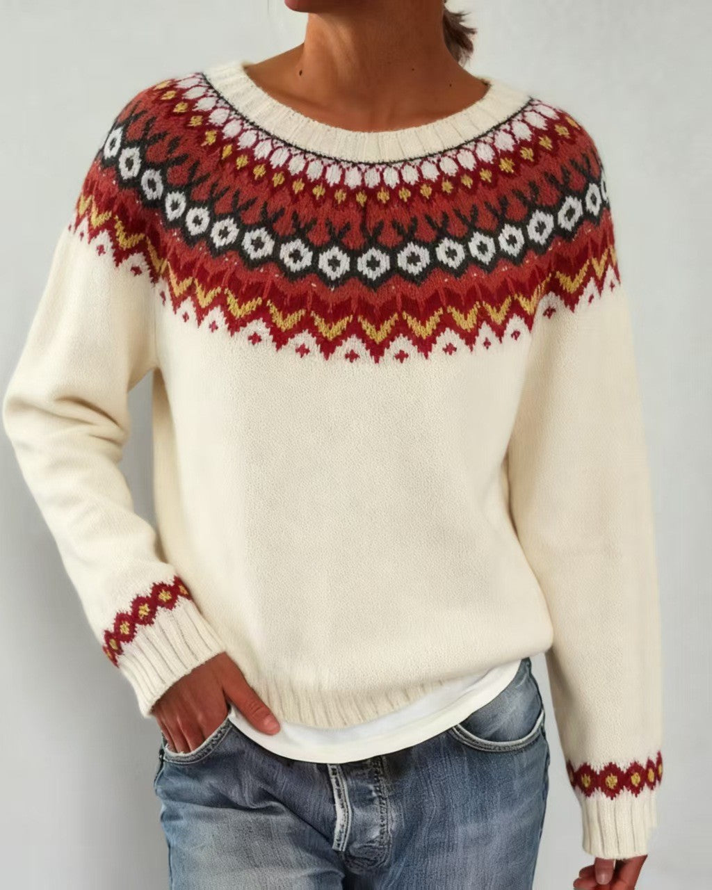 Nordic Geometric Yoke Knit Sweater - C17