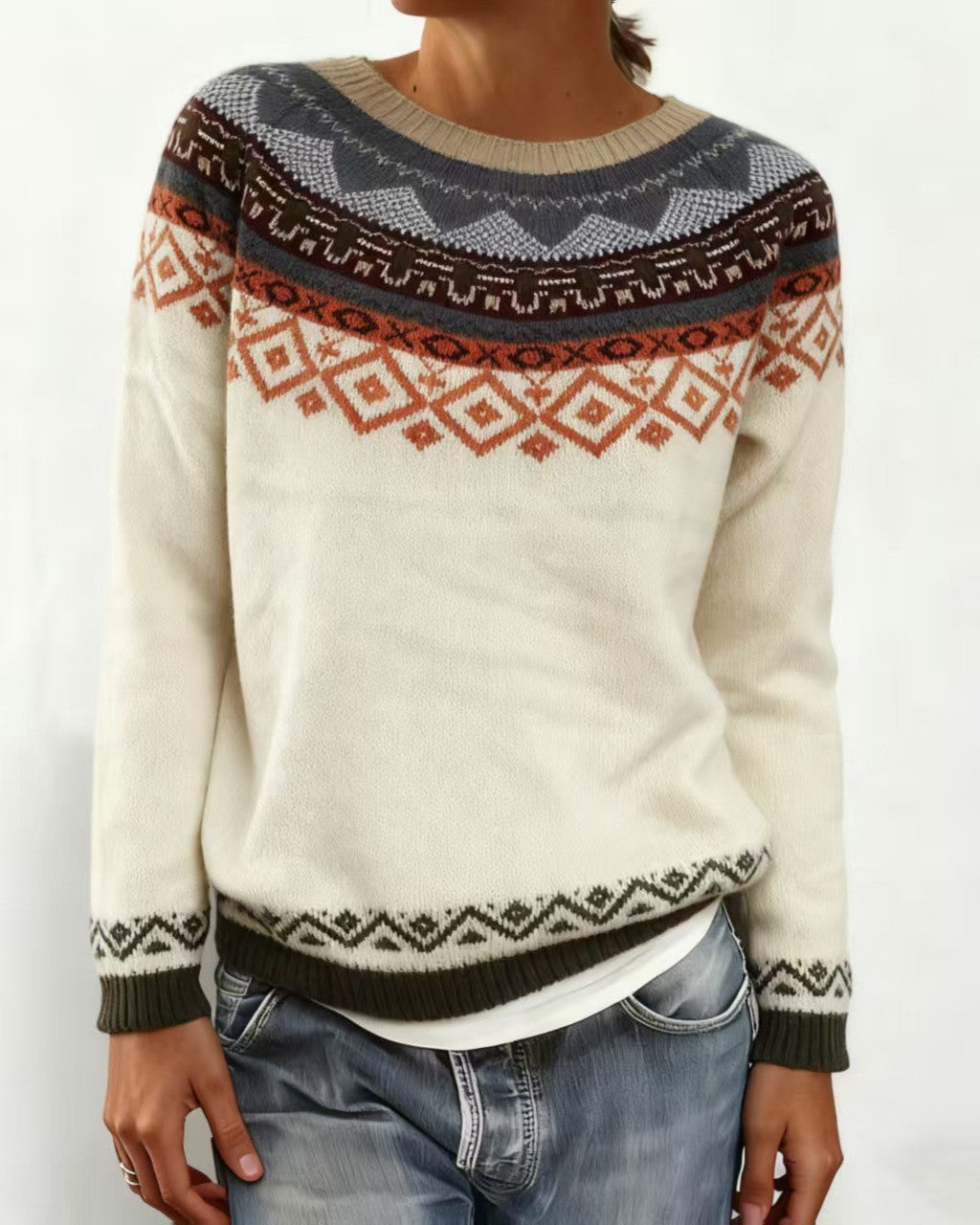 Nordic Geometric Yoke Knit Sweater - C2