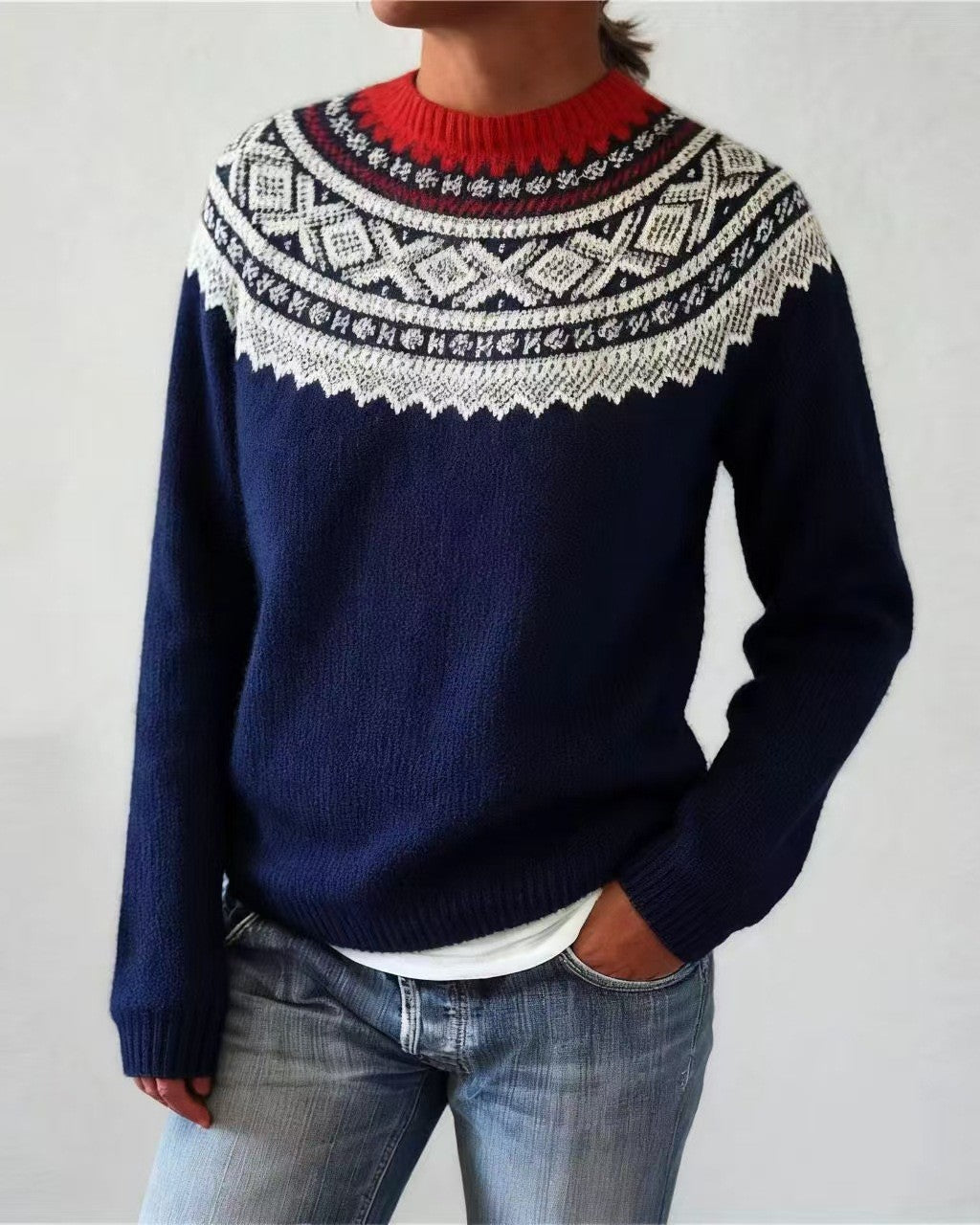 Nordic Geometric Yoke Knit Sweater - C3