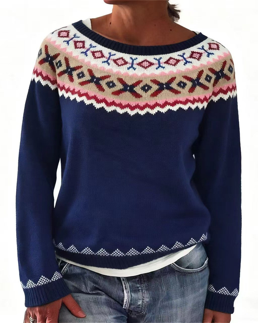 Nordic Geometric Yoke Knit Sweater - C7
