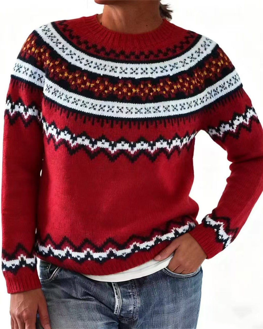 Nordic Geometric Yoke Knit Sweater - C9