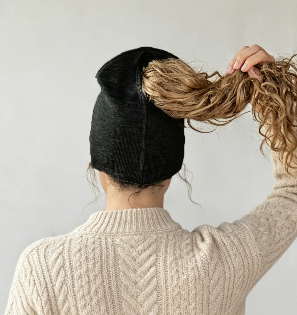 Ribbed Knit Ponytail Beanie with Back Opening - Black - 3