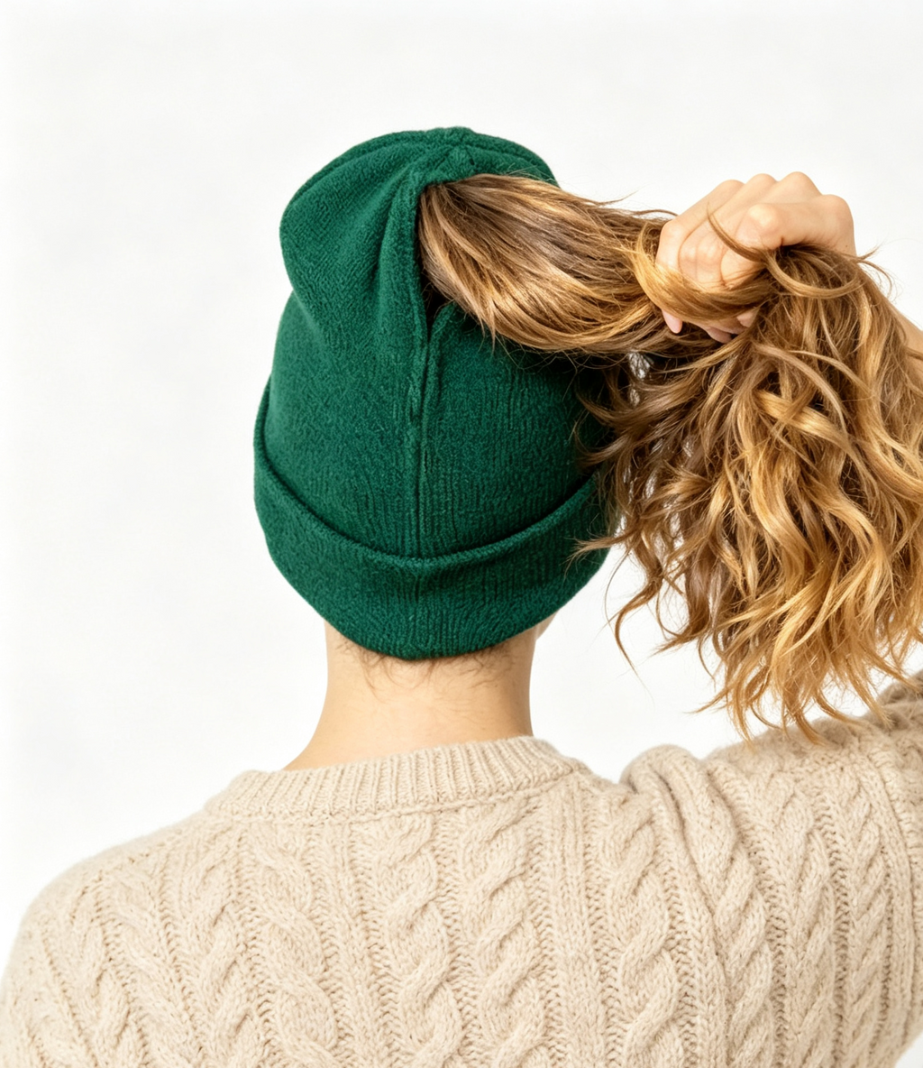 Ribbed Knit Ponytail Beanie with Back Opening - Green